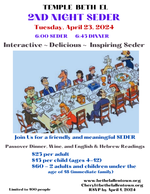 TBE 2ND Night Seder Tuesday, April 23, 2024 6 pm 